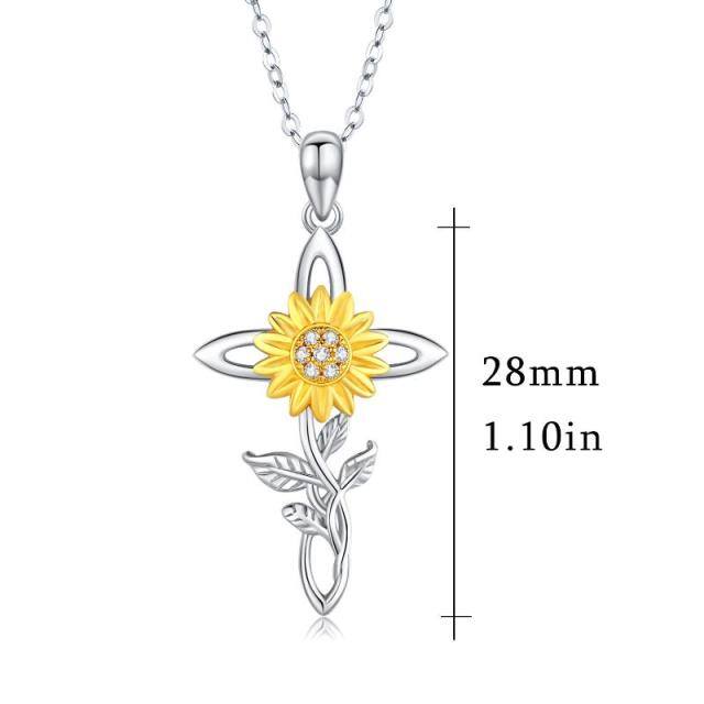 Sterling Silver Two-tone Cubic Zirconia Sunflower & Cross Pendant Necklace-6