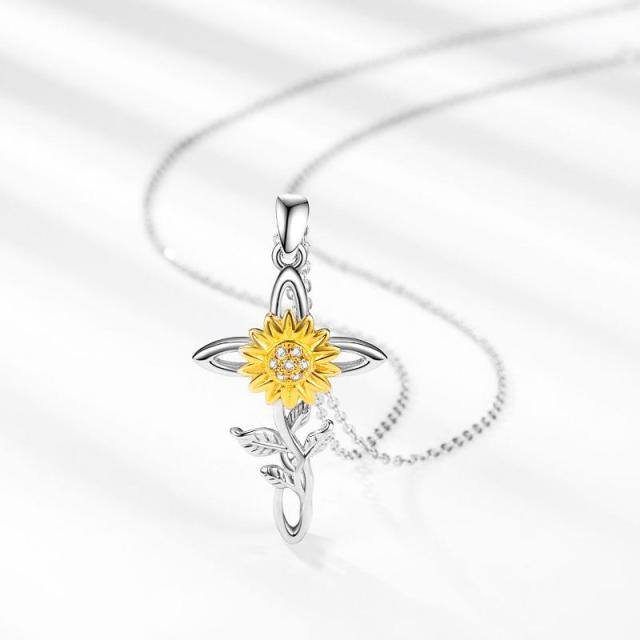 Sterling Silver Two-tone Cubic Zirconia Sunflower & Cross Pendant Necklace-4