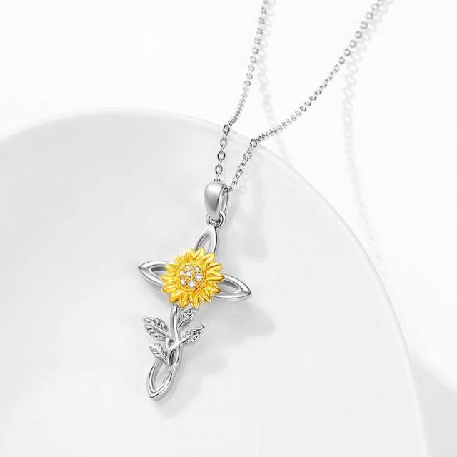 Sterling Silver Two-tone Cubic Zirconia Sunflower & Cross Pendant Necklace-3