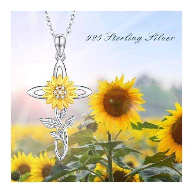 Sterling Silver Two-tone Cubic Zirconia Sunflower & Cross Pendant Necklace-5