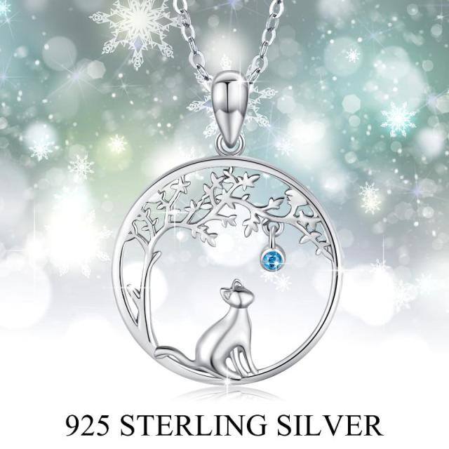 Sterling Silver Cubic Zirconia Cat & Tree Of Life Pendant Necklace-4