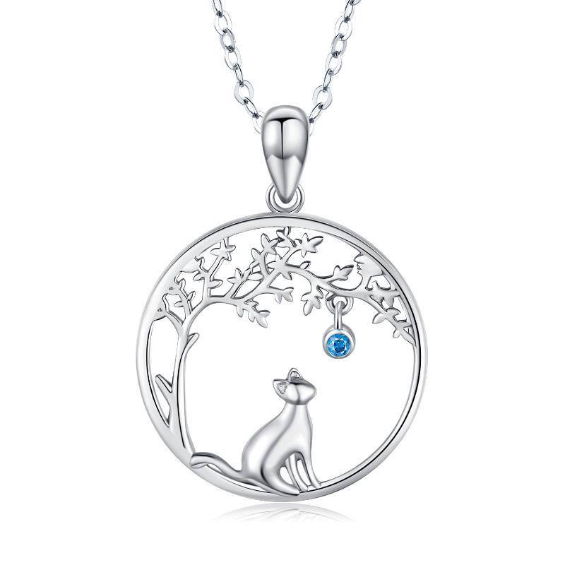 Sterling Silver Cubic Zirconia Cat & Tree Of Life Pendant Necklace-1