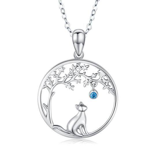 Sterling Silver Cubic Zirconia Cat & Tree Of Life Pendant Necklace
