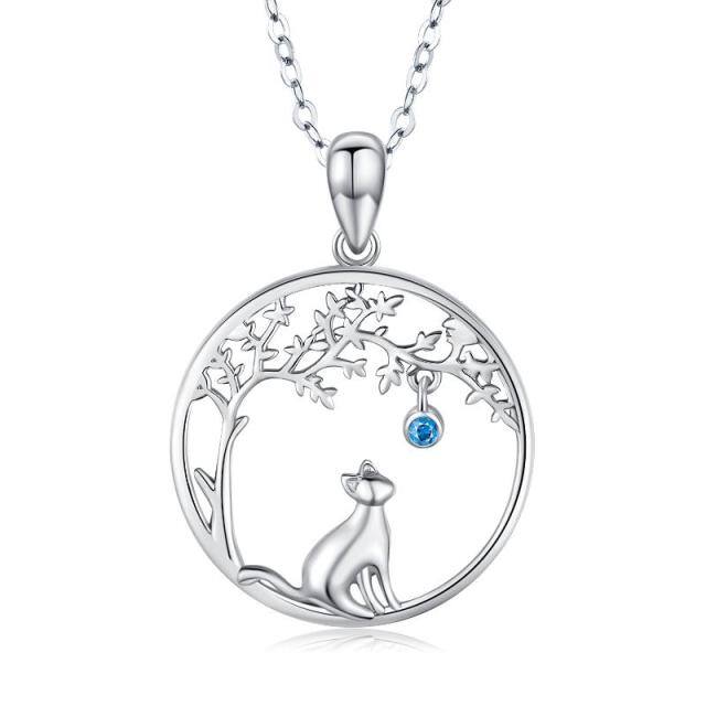 Sterling Silver Cubic Zirconia Cat & Tree Of Life Pendant Necklace-0