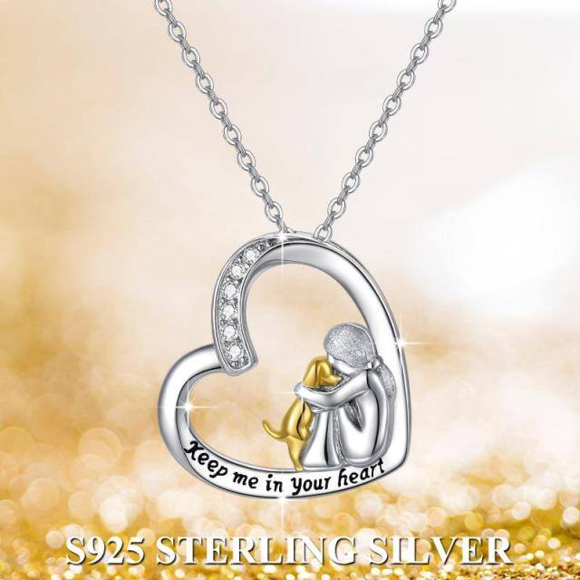 Sterling Silver Zircon Dog & Heart Pendant Necklace with Engraved Word-6