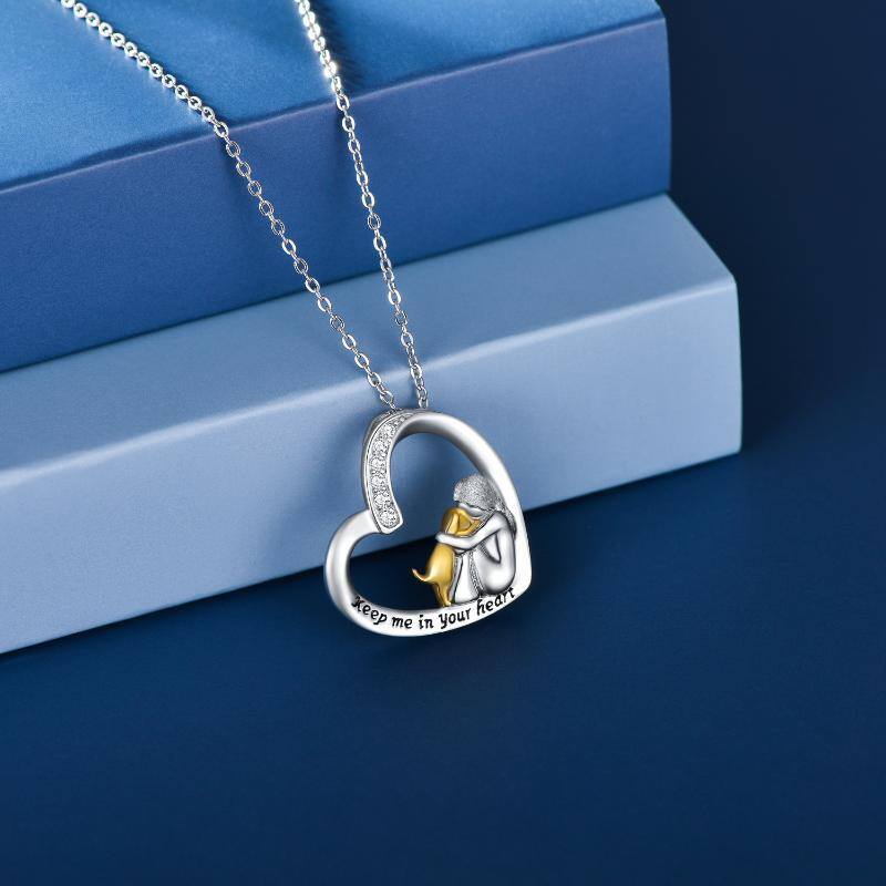 Sterling Silver Zircon Dog & Heart Pendant Necklace with Engraved Word-9