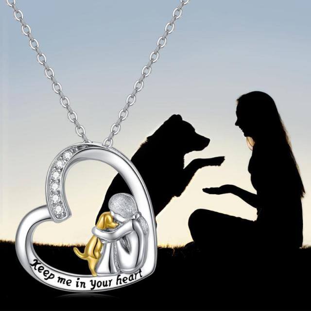 Sterling Silver Zircon Dog & Heart Pendant Necklace with Engraved Word-3