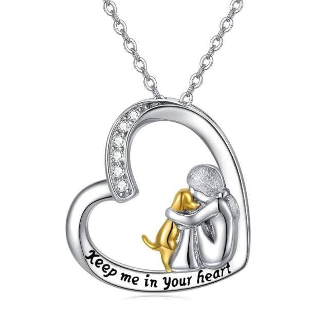 Sterling Silver Zircon Dog & Heart Pendant Necklace with Engraved Word-0