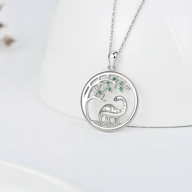Sterling Silver Cubic Zirconia Dinosaur & Tree Of Life Pendant Necklace-3