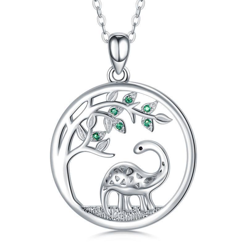 Sterling Silver Cubic Zirconia Dinosaur & Tree Of Life Pendant Necklace-1