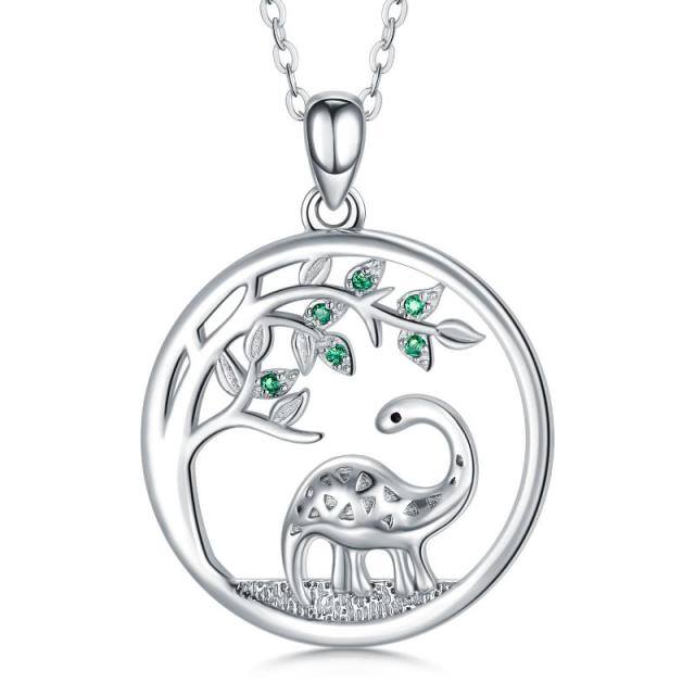Sterling Silver Cubic Zirconia Dinosaur & Tree Of Life Pendant Necklace-0