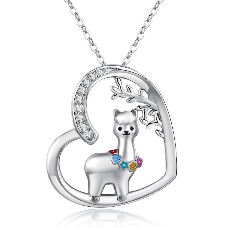 Sterling Silver Cubic Zirconia Alpaca & Heart Pendant Necklace-1