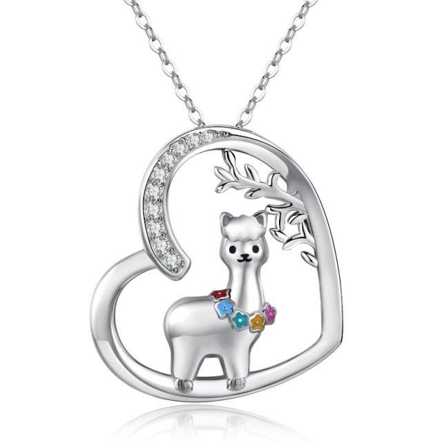 Sterling Silver Cubic Zirconia Alpaca & Heart Pendant Necklace-4