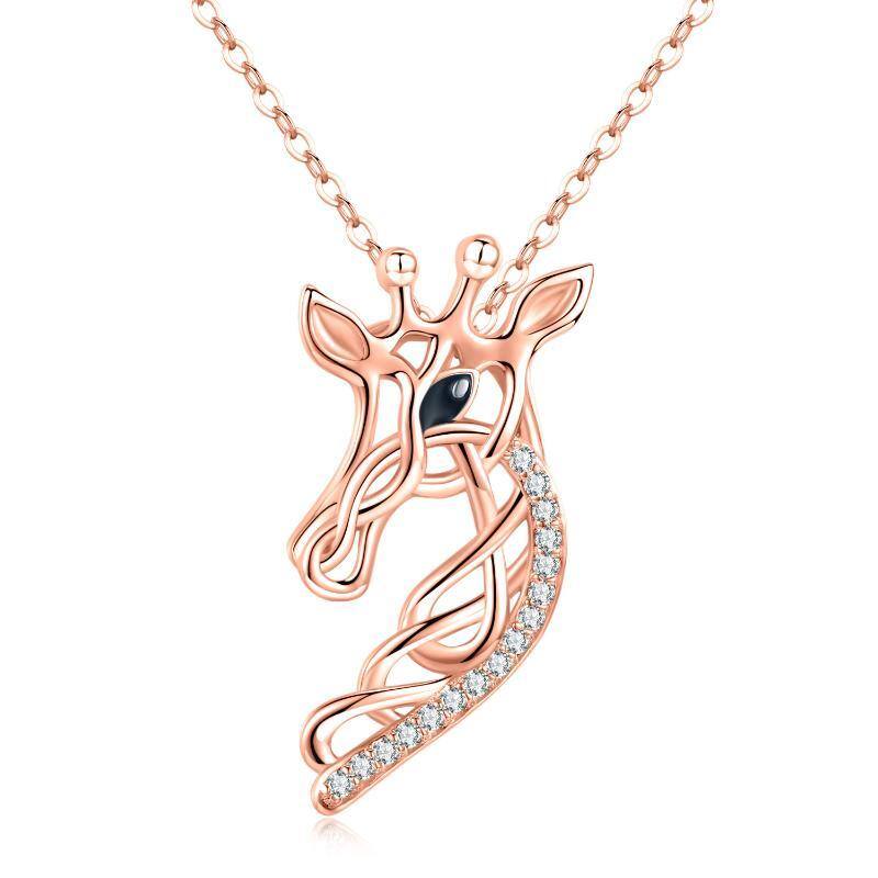 Sterling Silver with Rose Gold Plated Cubic Zirconia Giraffe & Celtic Knot Pendant Necklace-1