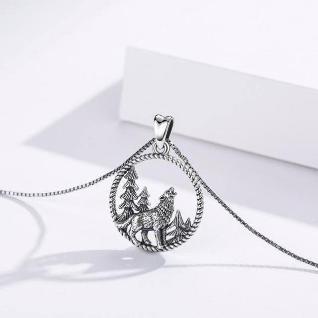 Sterling Silver Wolf Circle Pendant Necklace for Men-2