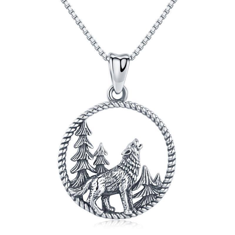 Sterling Silver Wolf Circle Pendant Necklace for Men-1