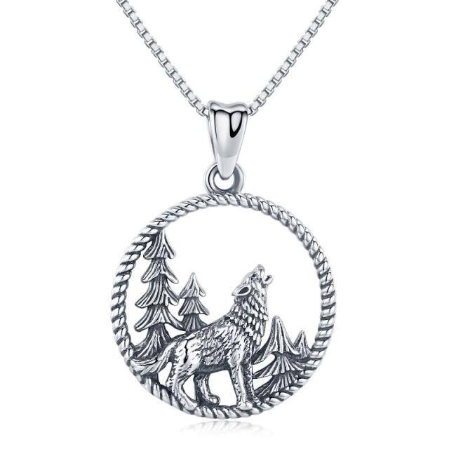 Sterling Silver Wolf Circle Pendant Necklace for Men-0