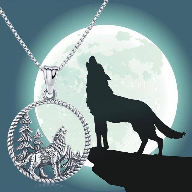 Sterling Silver Wolf Circle Pendant Necklace for Men-5