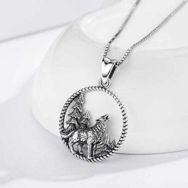 Sterling Silver Wolf Circle Pendant Necklace for Men-3
