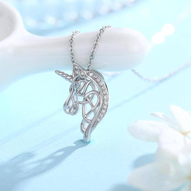 Sterling Silver Cubic Zirconia Celtic Knot & Unicorn Pendant Necklace-3