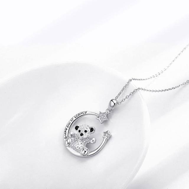 Sterling Silver Cubic Zirconia Bear & Pentagram Pendant Necklace-2