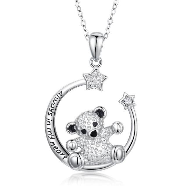 Sterling Silver Cubic Zirconia Bear & Pentagram Pendant Necklace-0