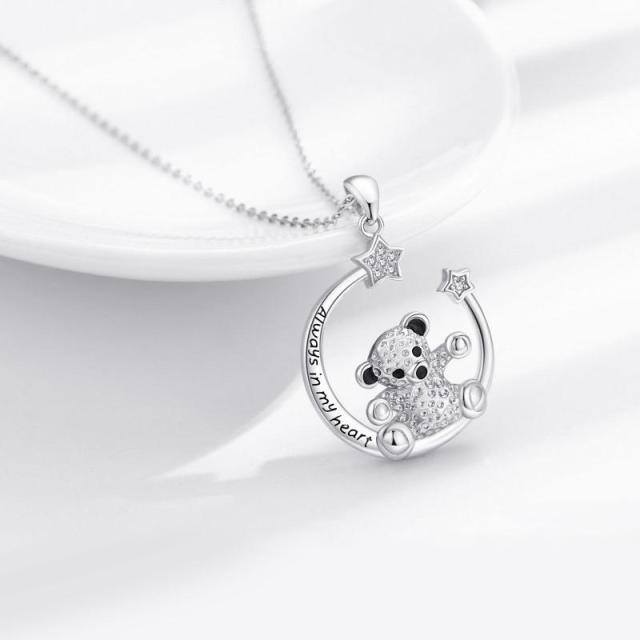 Sterling Silver Cubic Zirconia Bear & Pentagram Pendant Necklace-3