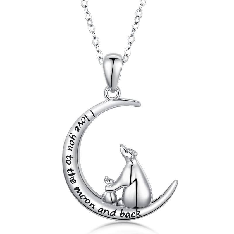 Sterling Silver Bear & Moon Pendant Necklace with Engraved Word-1