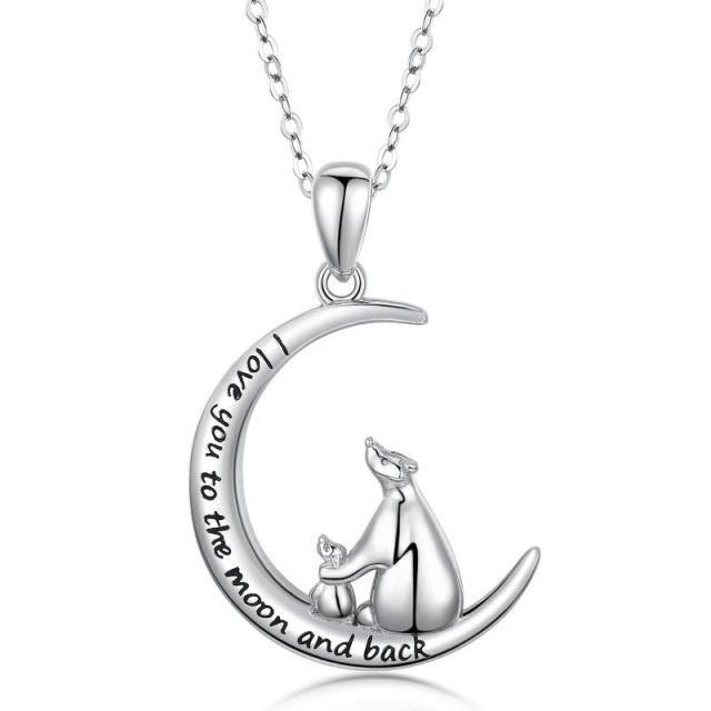 Sterling Silver Bear & Moon Pendant Necklace with Engraved Word-0