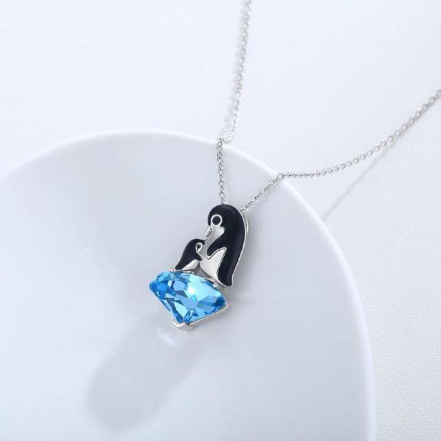 Sterling Silver Two-tone Heart Cubic Zirconia Penguin Mom & Baby Pendant Necklace-3