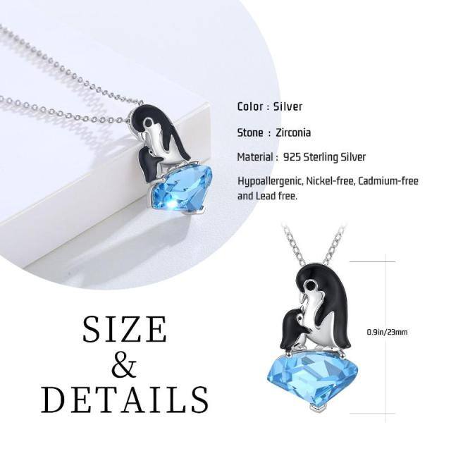 Sterling Silver Two-tone Heart Cubic Zirconia Penguin Mom & Baby Pendant Necklace-4