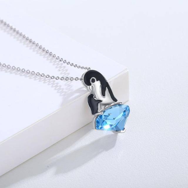 Sterling Silver Two-tone Heart Cubic Zirconia Penguin Mom & Baby Pendant Necklace-2
