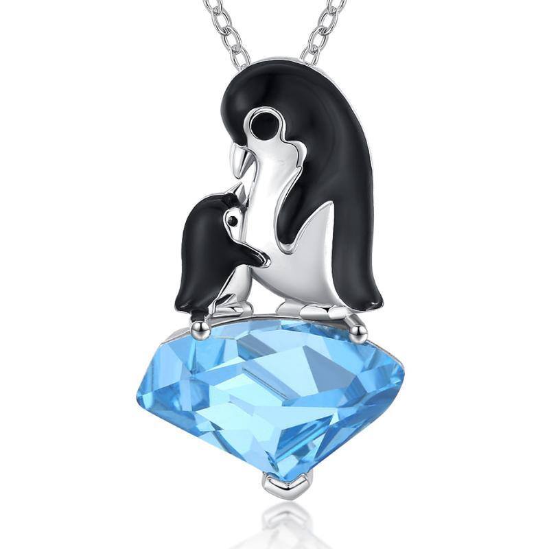 Sterling Silver Two-tone Heart Cubic Zirconia Penguin Mom & Baby Pendant Necklace-1
