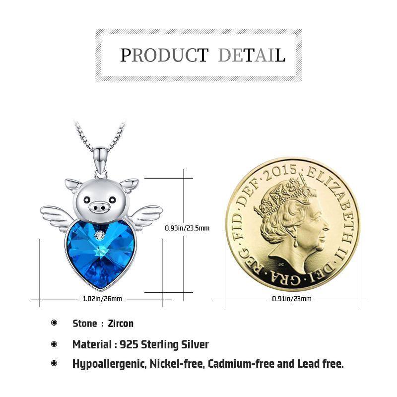 Sterling Silver Heart Crystal Pig Pendant Necklace-5