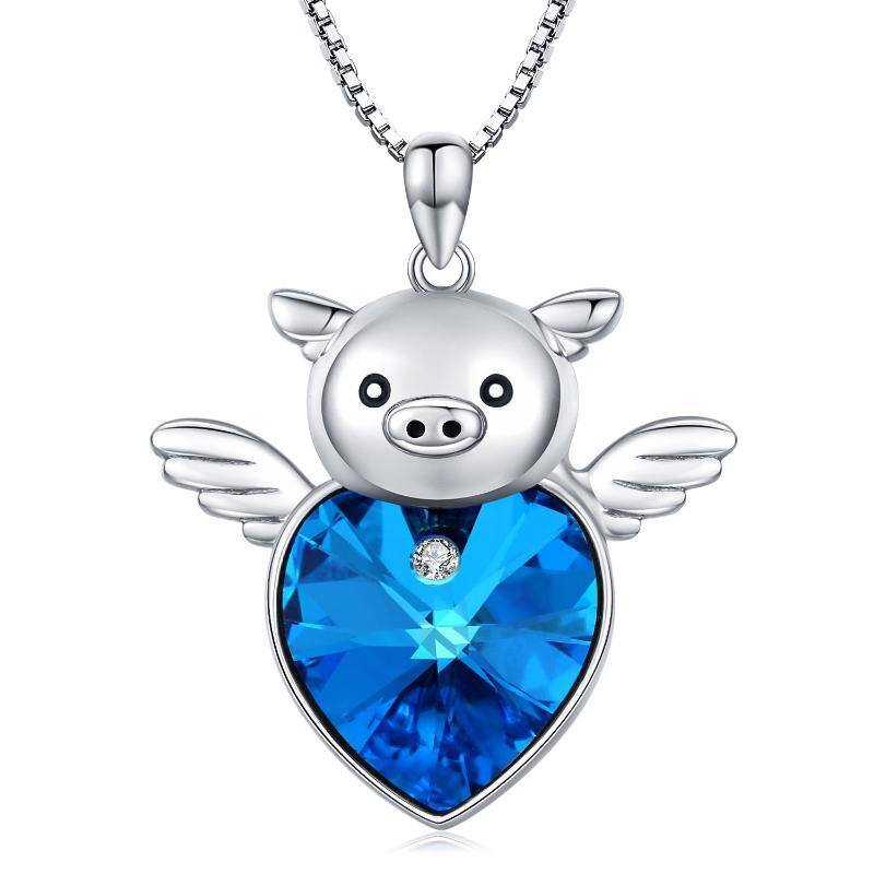 Sterling Silver Heart Crystal Pig Pendant Necklace-1