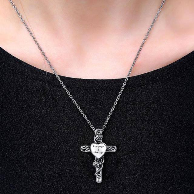 Sterling Silver Two-tone Rose & Cross Urn Necklace for Ashes with Engraved Word-1