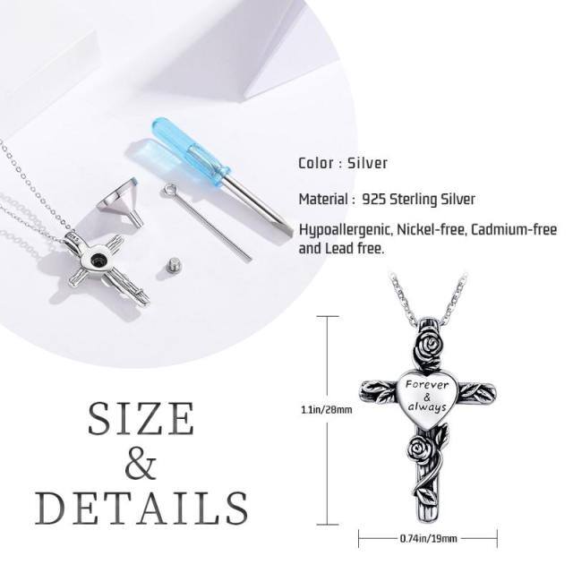 Sterling Silber Zweifarbige Rose & Kreuz Urnenhalskette mit eingraviertem Wort-5