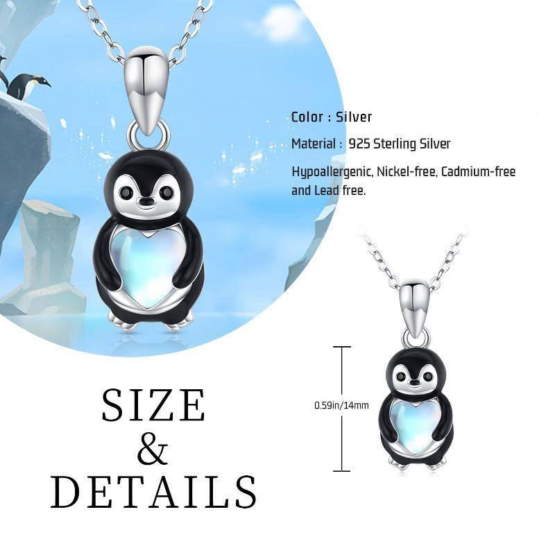 Sterling Silver Two-tone Heart Shaped Moonstone Penguin Pendant Necklace-5