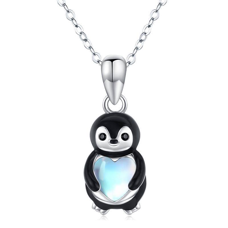 Sterling Silver Two-tone Heart Shaped Moonstone Penguin Pendant Necklace-1
