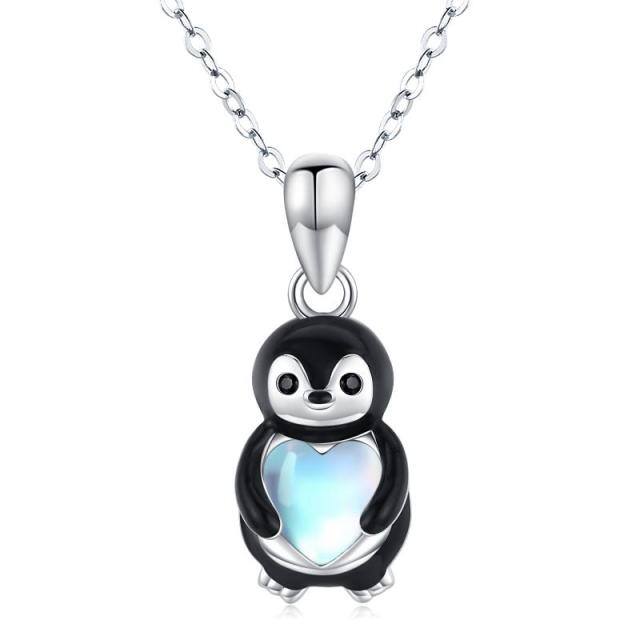 Sterling zilveren tweekleurige hartvormige maansteen pinguïn hanger ketting-1