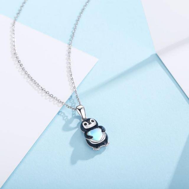 Sterling Silver Two-tone Heart Shaped Moonstone Penguin Pendant Necklace-4