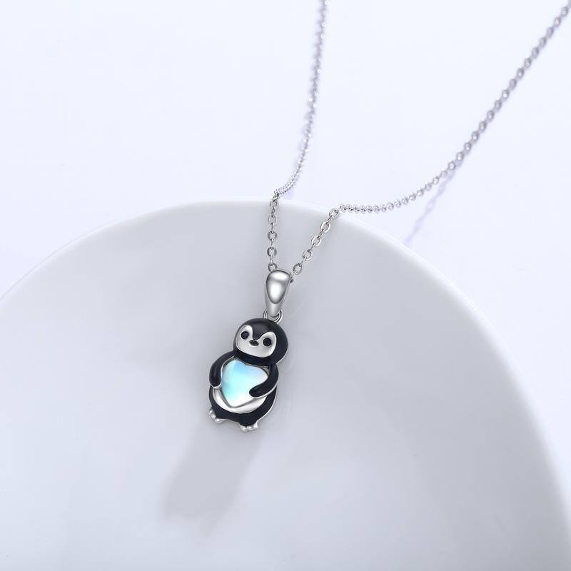 Sterling Silver Two-tone Heart Shaped Moonstone Penguin Pendant Necklace-3