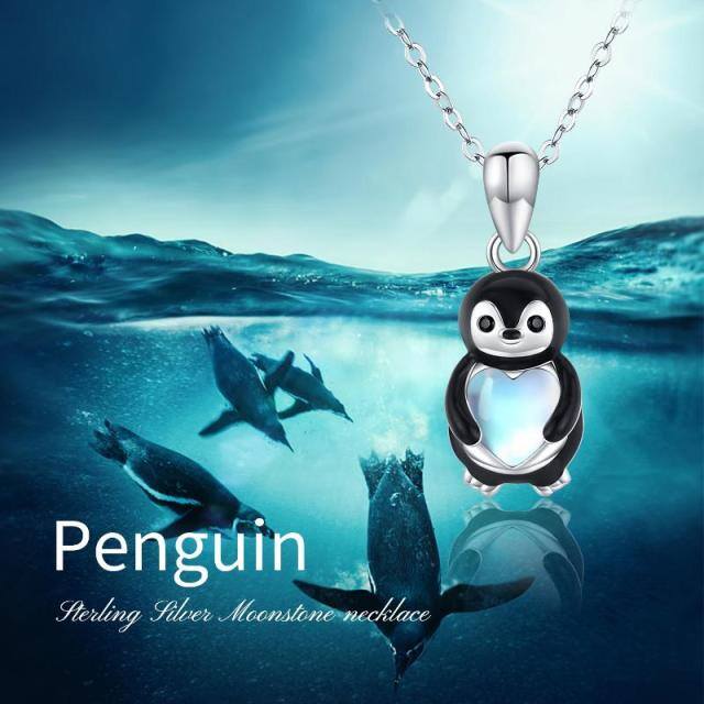 Sterling Silver Two-tone Heart Shaped Moonstone Penguin Pendant Necklace-6