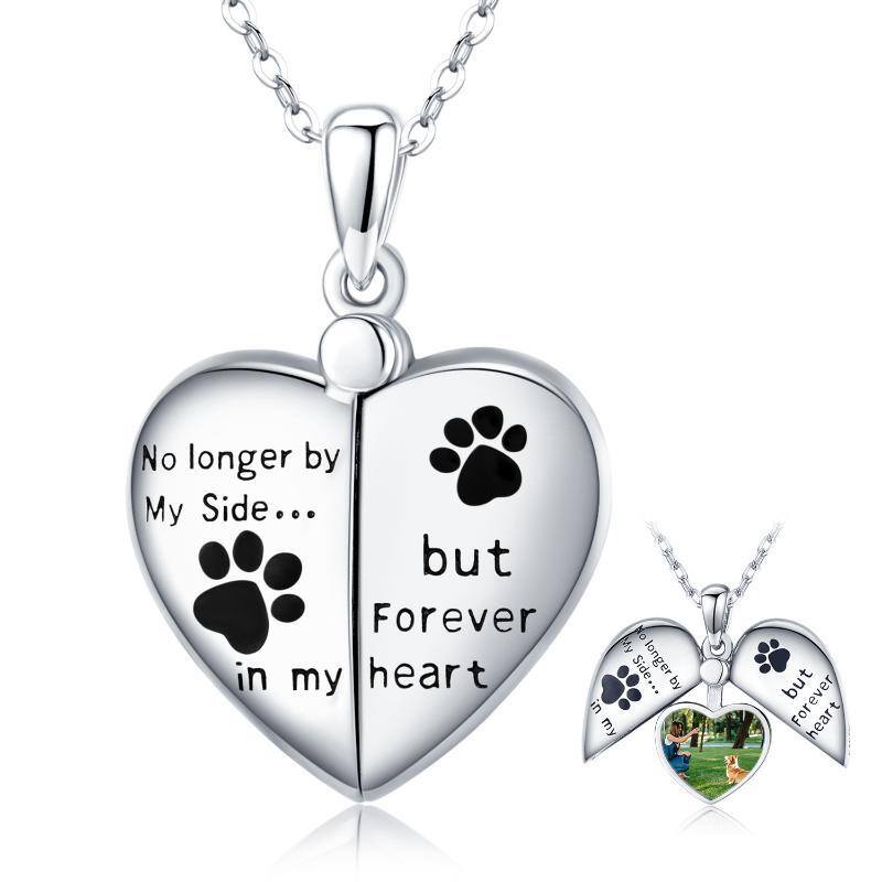 Sterling Silver Dog Cat Paw Personalized Photo Locket Necklace with Engraved Word-1