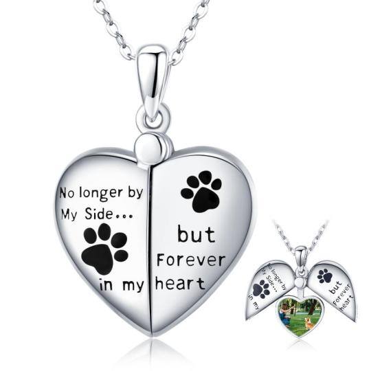 Sterling Silver Dog Cat Paw Personalized Photo Locket Necklace with Engraved Word