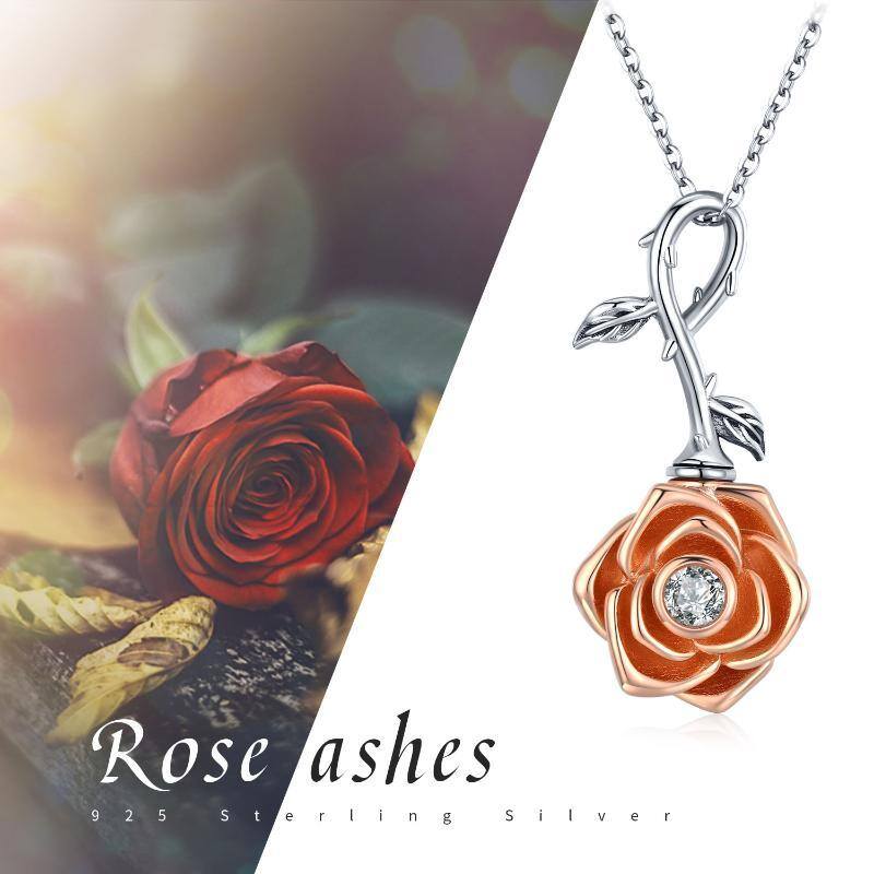 Sterling Silver Two-tone Circular Shaped Cubic Zirconia Rose Urn Necklace for Ashes-6