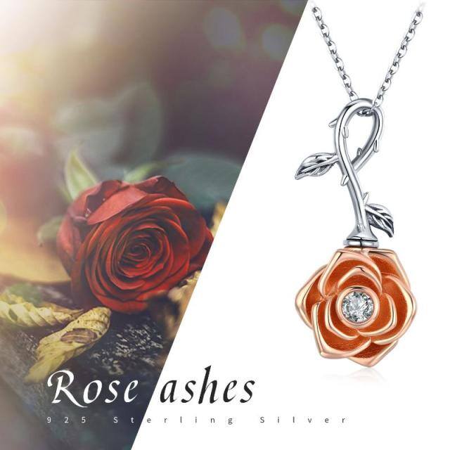 Sterling Silver Two-tone Circular Shaped Cubic Zirconia Rose Urn Necklace for Ashes-5