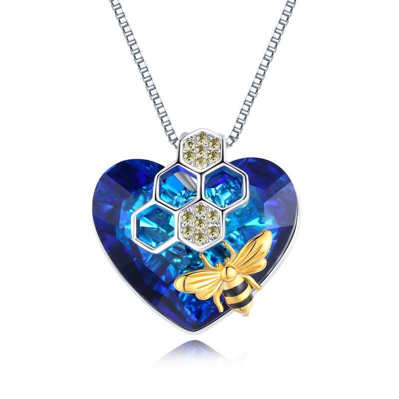 Sterling Silver Two-tone Bee & Heart Crystal Pendant Necklace-1