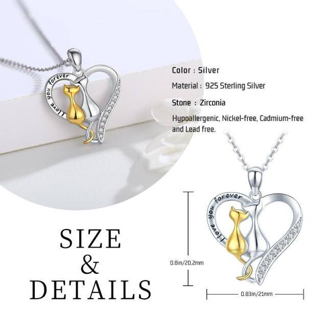 Sterling Silver Two-tone Cubic Zirconia Cat & Heart Pendant Necklace-5