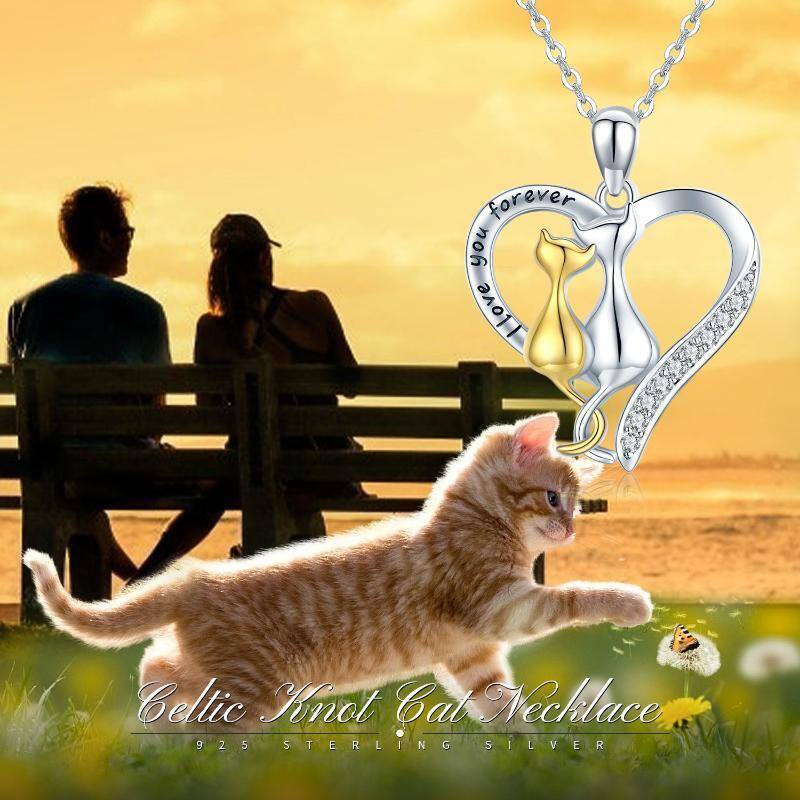 Collar Colgante Gato y Corazón de Plata de Ley Bicolor con Circonitas Cúbicas-6